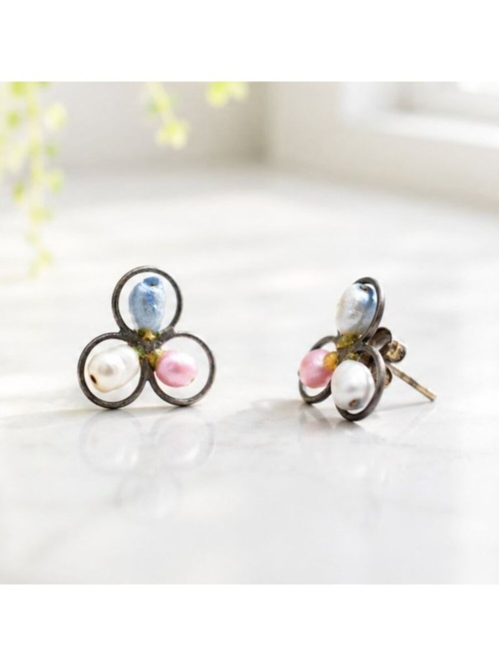Colorful Wire-Wrapped Freshwater Pearl Stud Earrings With Tri-Circle Design